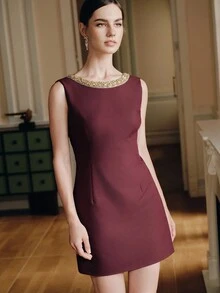 Anewsta Women's French A-Line Waist Embellished Backless Fitted Mini Dress - Burgundy - View 5