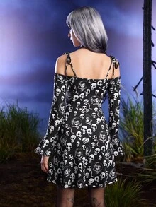 Corpse Bride X SHEIN Women's Summer Skull Print Cold Shoulder Flare Sleeve Dress - Black - View 2