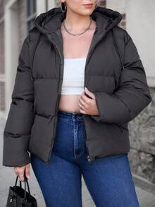 RueChic Plus Size Zip Up Hooded Puffer Coat, For Winter - Black - View 7