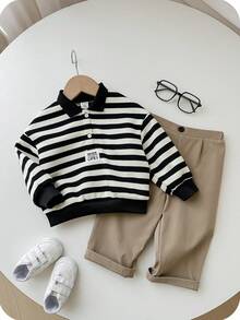 SHEIN 2 件男婴秋冬可爱百搭条纹长袖领运动衫和松紧腰休闲裤套装，适合生日派对、狂欢、晚会、表演、婚礼、宝宝满月、洗礼和 1 岁生日庆祝活动 - 彩色 - 查看 1