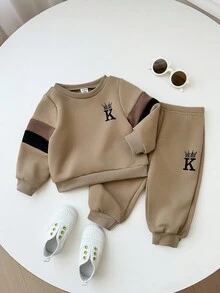 SHEIN 2 件套男婴/女婴可爱拼色长袖运动衫和松紧腰慢跑裤运动服套装，男女通用婴儿服装，婴儿冬装 - 彩色 - 查看 1