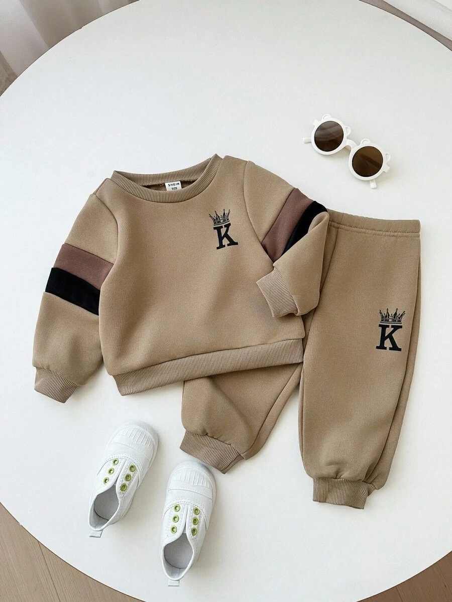 SHEIN 2 件套男婴/女婴可爱拼色长袖运动衫和松紧腰慢跑裤运动服套装，男女通用婴儿服装，婴儿冬装 - 彩色 - 查看 1