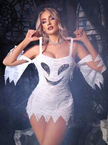 Fantasy Costume 恶魔、怪物、空心、破旧、不对称下摆、古怪、可爱的开裆内衣、性感的角色扮演内衣、角色扮演、适合万圣节派对、音乐节、酒吧、俱乐部服装、不给糖就捣蛋、女士服装 - 白色 - 查看 3