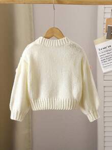 SHEIN Playful Pals 少女可爱3D心形白色毛衣圆领灯笼袖针织套头衫 - 米色 - 查看 2