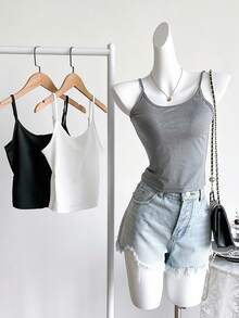 少女纯色无袖吊带背心，夏季