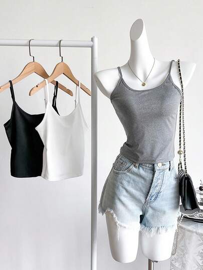 少女纯色无袖吊带背心，夏季