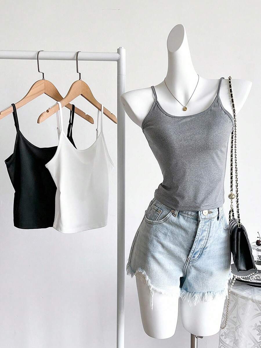 少女纯色无袖吊带背心，夏季