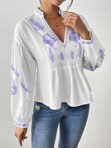 SHEIN LUNE 女式褶皱图案印花长袖纽扣衬衫荷叶边上衣 - 紫色 - 查看 3