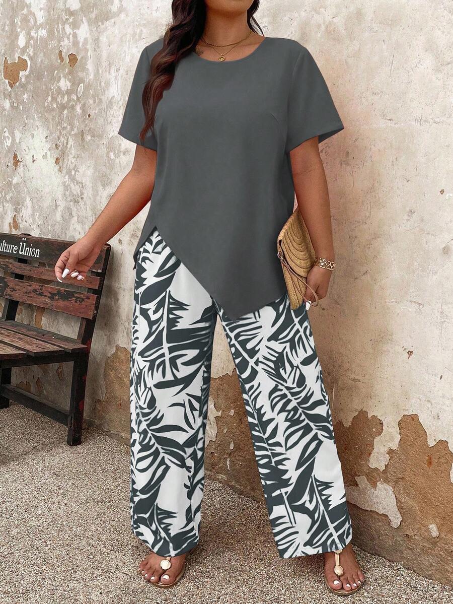 Conjunto de 2 piezas para mujer talla grande - Top y pantalones de color contrastante - Gris - Ver 1