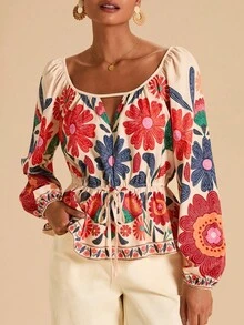 Travachic بلوزة أنيقة للنساء بطبعة زهور وفتحة رقبة وأكمام راجلان وربطة خصر، مناسبة للعطلات والحفلات والأجواء البوهيمية والموسيقية والعطلات الاستوائية والرومانسية، بطباعة جرافيك على نسيج منسوج، مناسبة للصيف والعطلات والشاطئ والأجواء البوهيمية والريفية والأعياد والعطلات