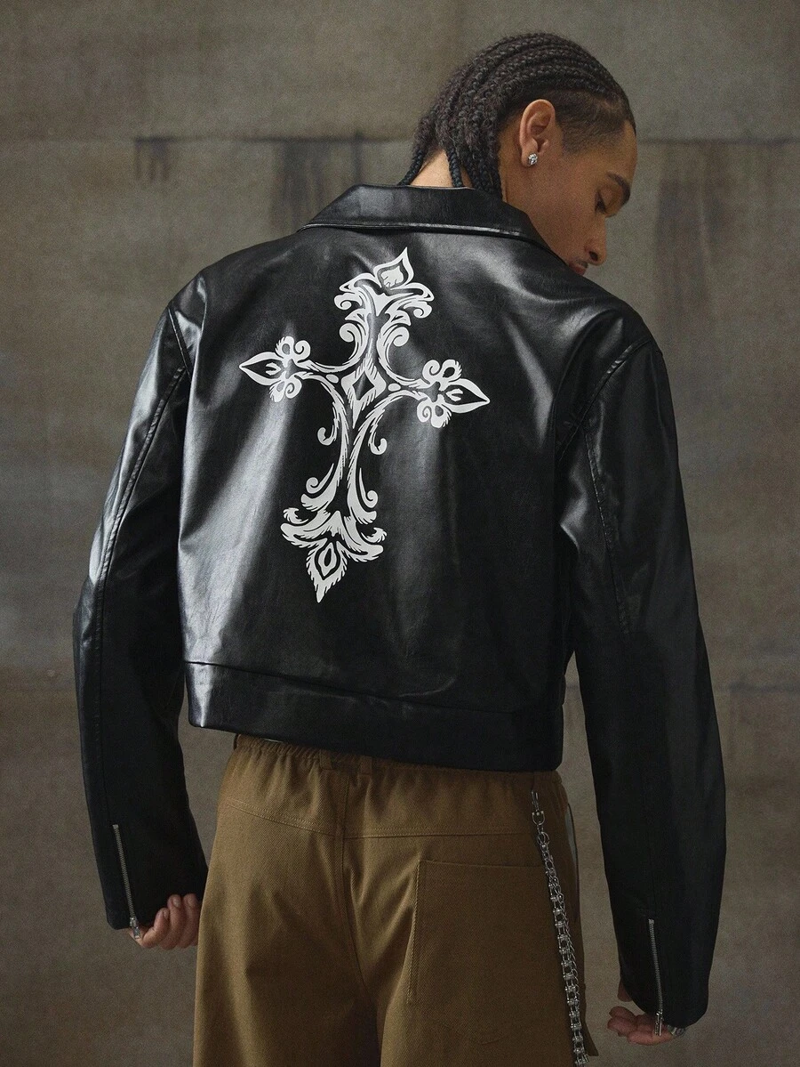 AXEPEAK Men's Turndown Collar Long Sleeve Front Zipper Short Jacket, Fall Winter, Grunge - Black - View 1