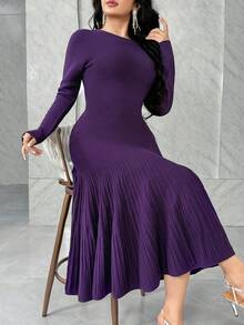 Feyla Women's Solid Color Round Neck Long Sleeve Fishtail Hem Fitted Elegant Knit Dress, Autumn - Purple - View 6