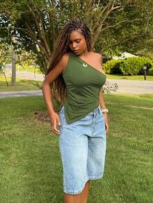 Tyla Gomez Valentine's Day Burgundy Red Twist One Shoulder Top Elegant Slim Top For Women - Army Green - View 5