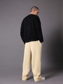 SUMWON Celana Jogger Kaki Lebar dengan Desain Aplikasi Gothic, Celana Kasual Longgar Bahan Fleece untuk Musim Dingin dan Gugur, Pinggang Bertali, Polos - Krem - View 4