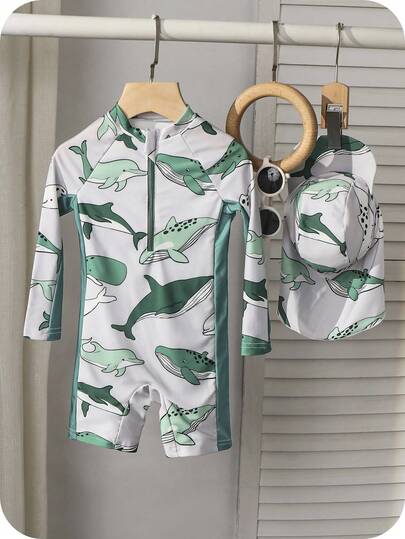 SHEIN 2pcs/Set Young Boys Whale Cartoon Pattern Rash Guard & Hat Swimsuit Set,Toddler Boy Long Sleeve Swimwear For White Summer Beach Holiday Pool