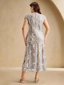 Anewsta Váy ngắn tay sequin lưới họa tiết hoa thanh lịch màu sâm panh, thích hợp mặc dự tiệc, hẹn hò, đi nghỉ dưỡng, trang phục xuân/hè - Bạc - Xem 2