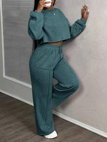 Slaydiva 春夏新款音乐节,复活节,纳什维尔,生日派对,毕业季,学生装,日常休闲,百搭百搭,休闲,度假,邮轮旅行,海滩,日光浴,休闲街头风,雪花印花,宽松运动服,2件套 - 墨綠色 - 查看 6