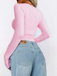 Almamuse Áo thun dài tay dáng ôm màu trơn đơn giản dành cho nữ, Xuân/Thu - Hồng - Xem 2