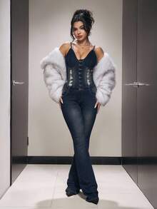 Jeanoix 牛仔紧身喇叭腿连体裤 - 深色水洗藍 - 查看 5