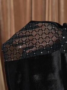 Amorya 女士优雅黑色网眼水钻天鹅绒修身针织裤，适合日常穿着及多种场合，秋季万圣节水钻撞色网眼透视裤 - 黑色 - 查看 7