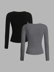 Tseoso 2件黑白休闲长袖修身长T恤套装，适合秋冬季 - 彩色 - 查看 2