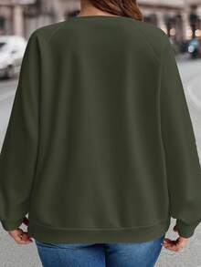 EMERY ROSE Plus Size Casual Solid Color Preppy Style Solid Color Raglan Sleeve Sweatshirt, Autumn And Winter Graduation Ceremony, Back To School Clothing Fall - Army Green - View 2