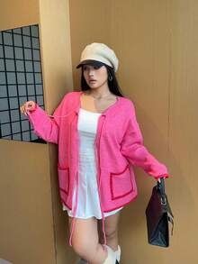 Sunnyshic Damen Große Größen Kontrast Saum Tasche Schleife Vorne Strickjacke, süß & lässig