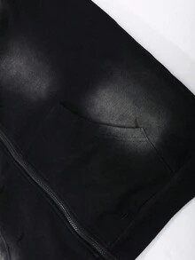 ROMWE MEN Casual 男女同款街头风格破洞图案拉链连帽卫衣，秋季 - 黑色 - 查看 8