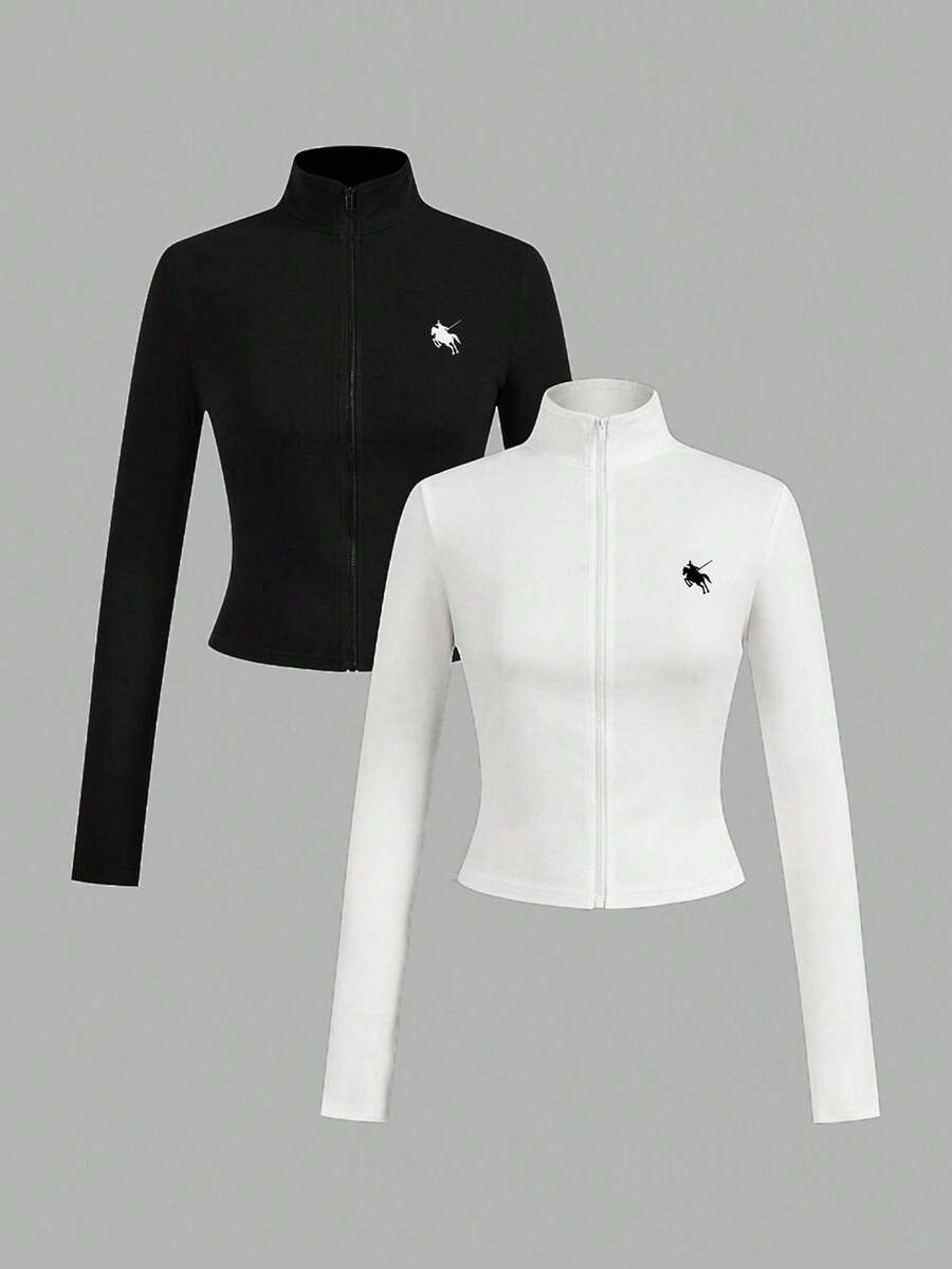 SHEIN EZwear 2 件白色和黑色马标志图案针织拉链长袖 T 恤，适合秋冬季分层、休闲和运动，适合返校 - 彩色 - 查看 1