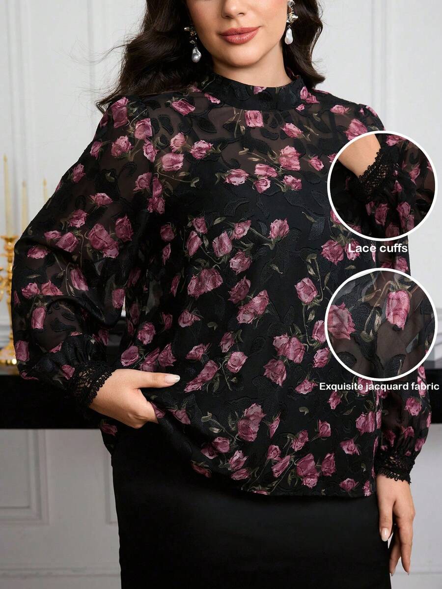 Modelyn Áo cánh nữ cổ đứng tay đèn lồng vải voan jacquard ren chắp vá thanh lịch đa năng cỡ lớn - Nhiều màu - Xem 1