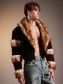 FeverCity Herren Lässige flauschige Fake-Pelz Kragen Langarm Jacke, Winter - Kaffeebraun - Übersicht 4