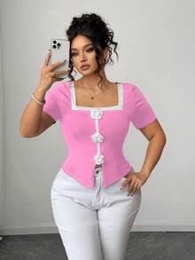 Elenzga Áo thun cổ tròn dệt kim ôm dáng thiết kế hoa văn kiểu Pháp cỡ lớn - Nhiều màu - Xem 5