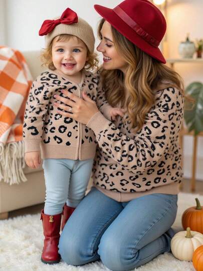 SHEIN Babygirl Fashionabla, Söta, Mångsidiga, Avslappnad Leopardmönstrad Långärmad Stickad Kofta, Varm Och Praktisk, Mjukt Tyg Skyddar Babyns Hud, Vinterkläder För Småbarnsflickor, Fashionabla, Bekväma Och Mångsidiga, Söta Outfits, Kan Bäras Inomhus Eller Utomhus, Fashionabla Flickor, Lämplig För Höst Och Vinter