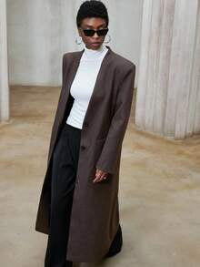 Aveloria Modichic Women's Autumn/Winter Stand Collar V-Neck Long Sleeve Loose Single-Breasted Long Coat - Coffee Brown - View 2