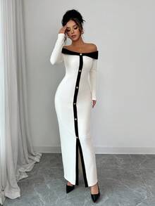 Elenzga Đầm Maxi Maxi Thanh Lịch, Dáng Rộng, Màu Khối, Hở Vai, Dệt Kim Gân, Thời Trang Dự Tiệc Thu/Đông 25-30+ Cho Nữ - Màu be - Xem 4