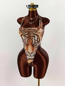 Amplova Body de mujer talla grande con escote pronunciado y estampado de tigre