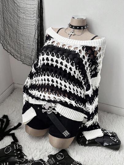 Sweetra Plus Size Women's Black & White Casual Crochet Pattern Y2K Grunge Style Hollow Out Knit Pullover Sweater, Suitable For Spring, Summer, Autumn Wear, Vacation, Back To School Winter Fall