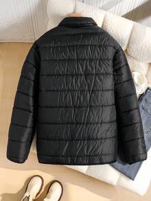 SHEIN Teen Girl Elastic Waist Padded Padded Coat, Winter - Black - View 7