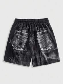 ROMWE MEN Grunge Punk Pantalones cortos estampados con estilo retro para hombres, adecuados para el uso diario en primavera/verano - Negro - Ver 2