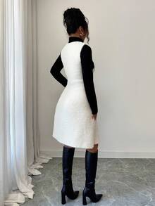 Elenzga 女式纯色V领无袖褶皱针织连衣裙，秋冬 - 杏色 - 查看 2