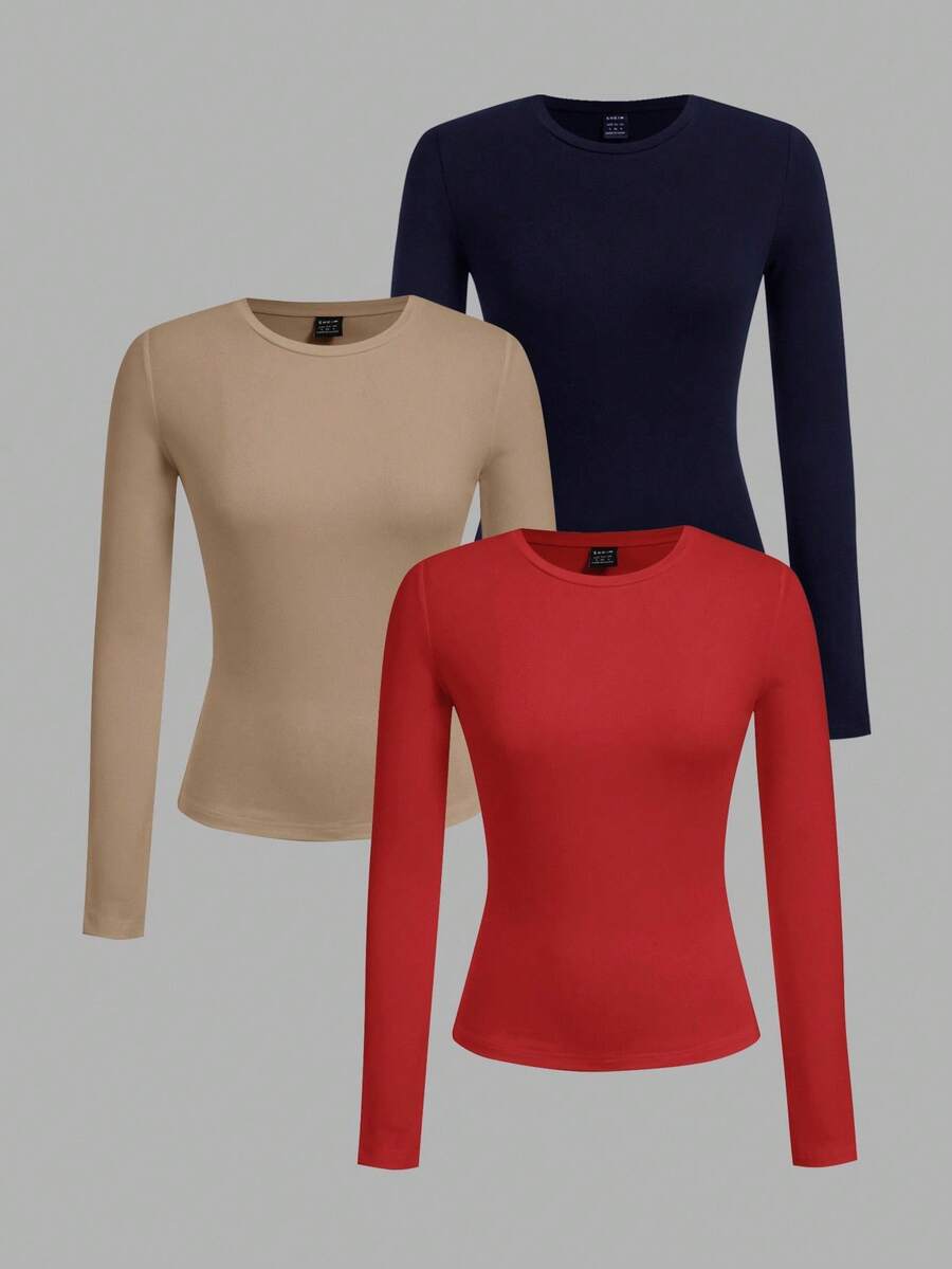 SHEIN EZwear 3 件套女士海军蓝、卡其色、红色圆领休闲修身长袖 T 恤套装，适合夏季 - 彩色 - 查看 1