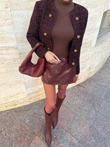 Lavishia Women's Wine Red Thick Tweed Round Neck Long Sleeve Metal Button Fitted Winter Jacket Chic Fall Autumn - Burgundy - View 4