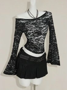 SHEIN ICON Sexy & Fashionable Off Shoulder Lace Long Sleeve Sheer Blouse,Black Tops - Black - View 12