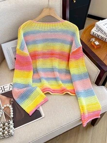 GlowEve Women's Casual Colorful Striped Hollow-Out Knit Sweater, Spring/Autumn - Butter Yellow - View 2