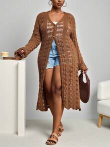Slaydiva 2025 Nueva llegada, cárdigan de punto con mangas acampanadas, escote en V sexy y elegante, cómodo y calado para principios de otoño - Óxido marrón - Ver 7