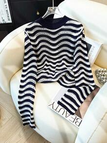 Elnivra French Retro Casual Vacation Daily Minimalist Versatile Fashion Spring Autumn Winter Women Crew Neck Contrast Color Wavy Knit Hollow Long Sleeve Sweater, Navy Blue & Beige - Navy Blue - View 6