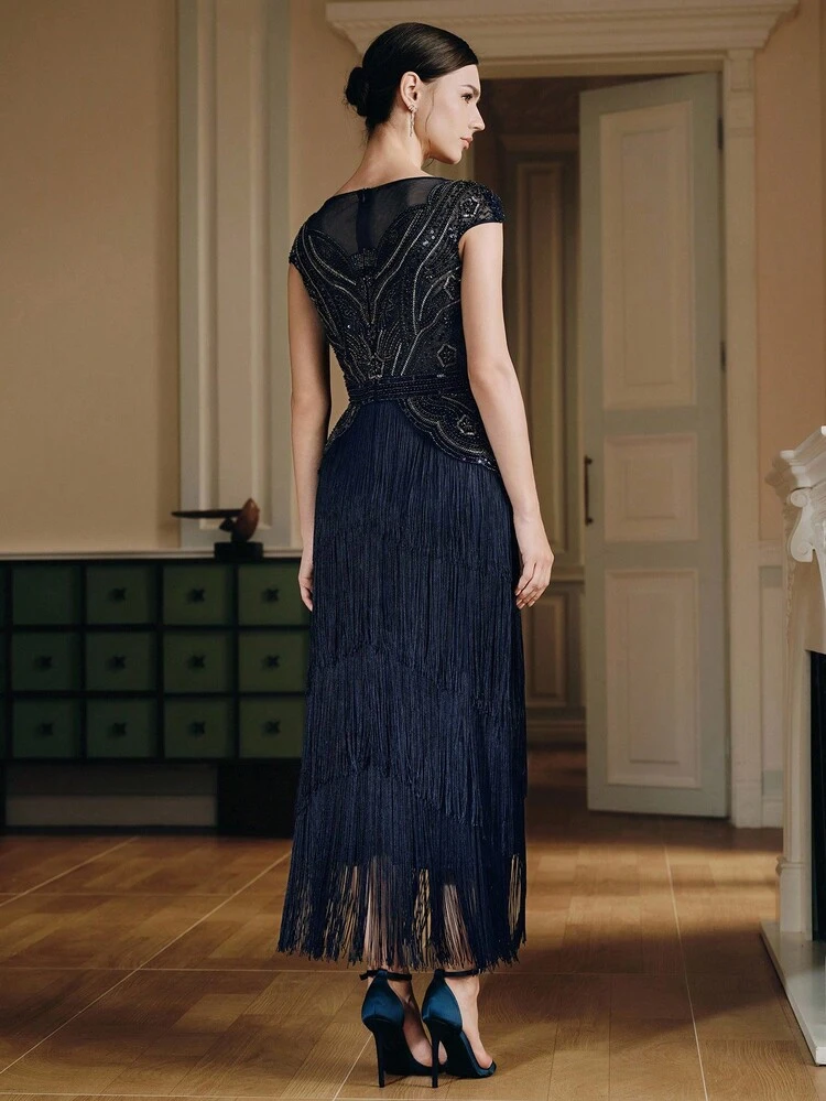 Vestido de fiesta de estilo bohemio de alta gama con parches, flecos y cuentas para mujer