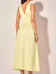 CAJUNI Women's Butter Yellow Satin Lace Patchwork Ruched Elegant Dress - Light Yellow - View 2