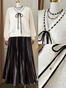 SHEIN Unity Plus Size Women Autumn V-Neck Contrast Color Bow Lantern Sleeve Button Cardigan Pleated Skirt Set Two Pieces Set Women Skirt Pleated Skirts For Women Fuzzy Cardigan Set Women Skirt Set Fall Winter Cloth For Women - Beige - View 8