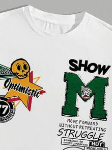 Manfinity Homme 男士休闲简约滑板骷髅“秀出快乐时光”图案圆领短袖T恤套装，适合夏季运动，舒适装扮 - 白色 - 查看 6